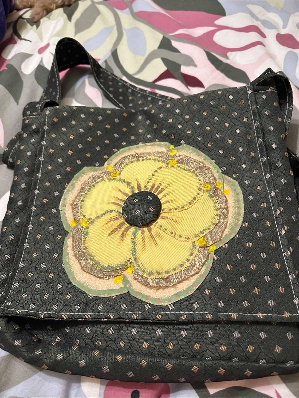 Handmade Floral Appliqué Crossbody Bag in Dark Green and Yellow